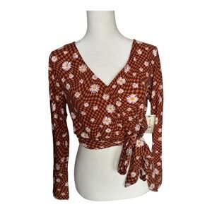 No Comment LA Daisy Floral Wrap Crop Top L Long Sleeve Checkered Retro Brown NWT